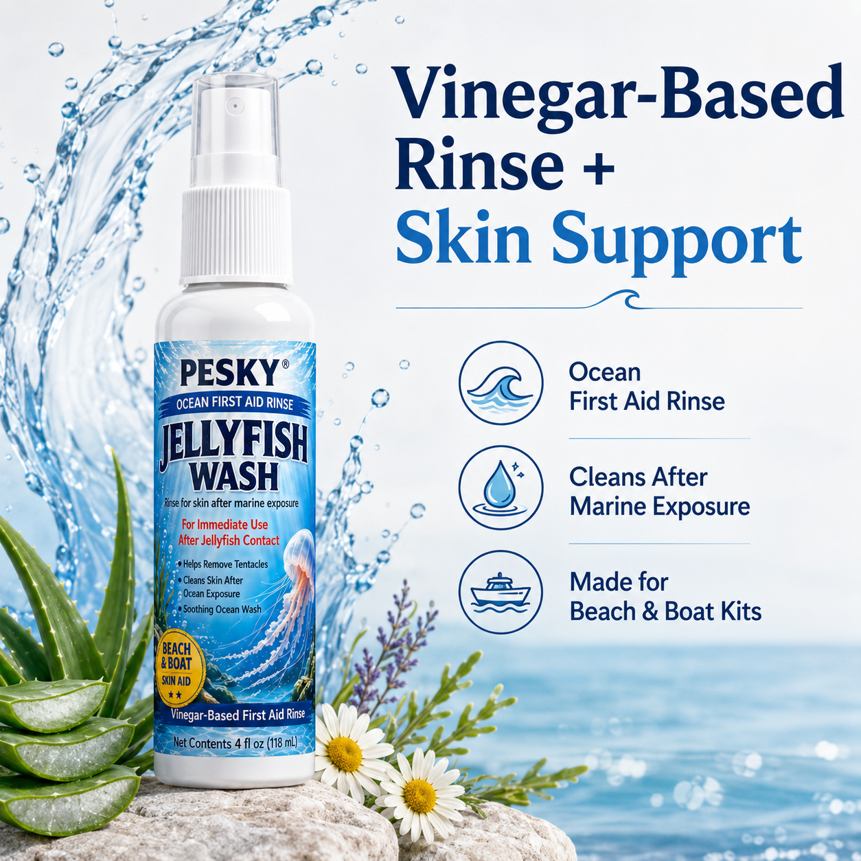 PESKY® Jellyfish Wash – Spray for Marine Stings- for beach bags, boats, dive gear, and coastal first-aid kits