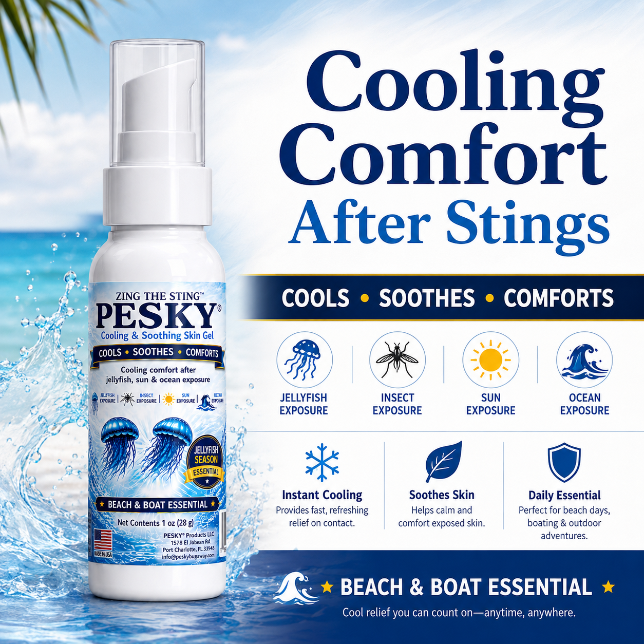 PESKY® Cooling Comfort After Stings for beach days, boating, camping, and outdoor travel